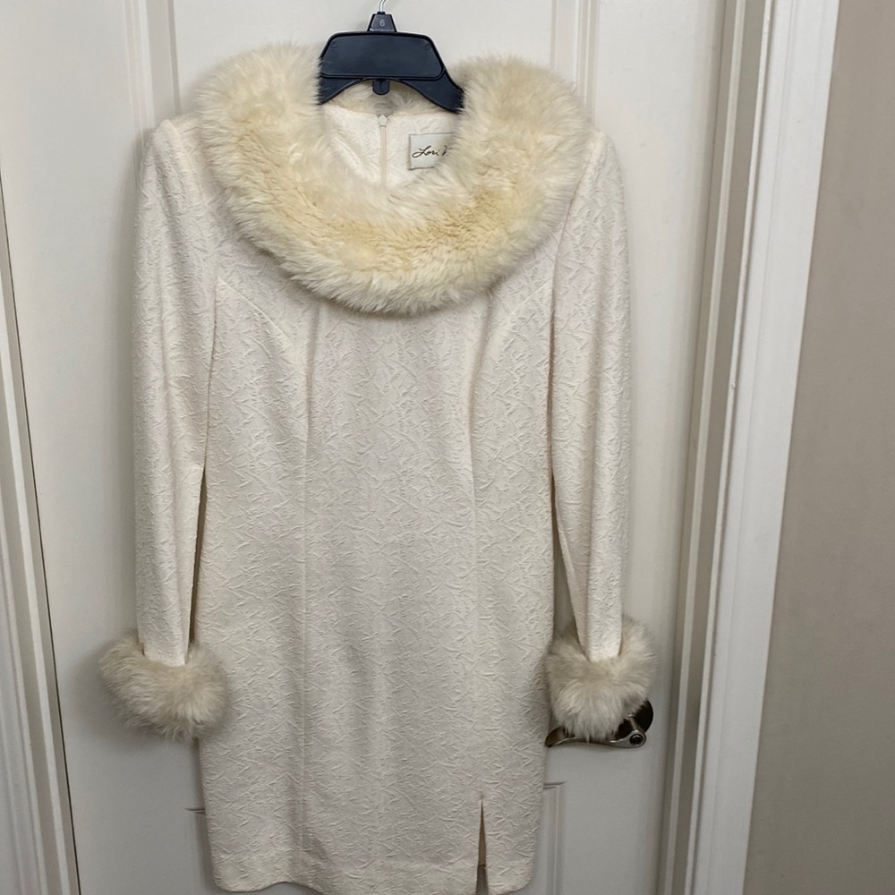 Lori weidner cream color dress, faux faux trim collar and sleeves